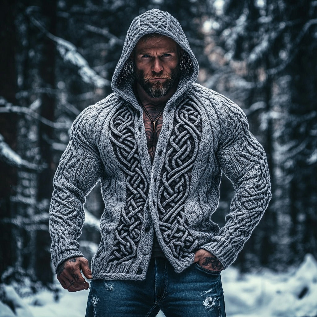 Men's Viking Celtic Mythology Chunky Knit Buttons Hooded Sweater elevenforest