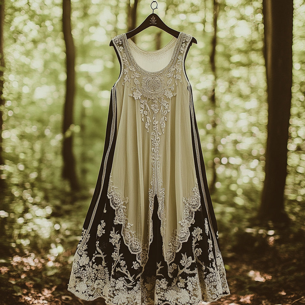 Floral Embroidered Pattern Linen Contrast Color Vest Dress elevenforest