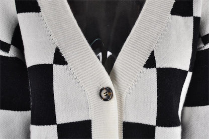 Autumn Winter Plaid Sweater Stitching Cardigan Top Knitted Coat Tide