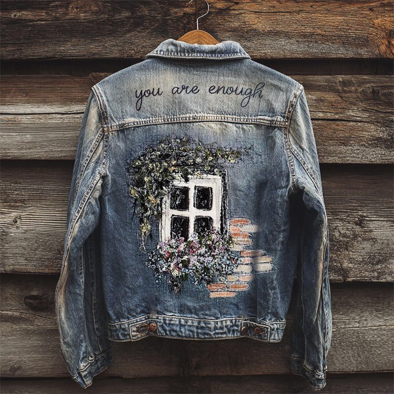 You Are Enough Floral Cottage Window Fiber Art Denim Jacket elevenforest