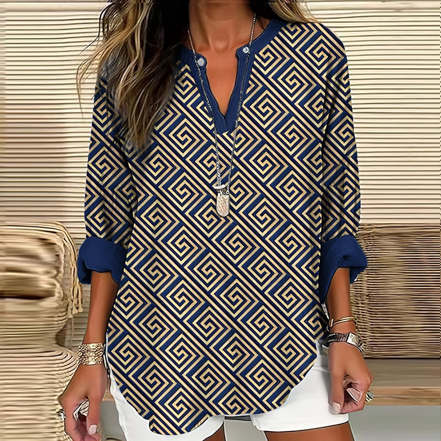 Comstylish Vintage Greek Key Print V-neck Long Sleeved Blouse