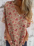 Women's Art Vintage Kantha Geometric Print Floral Shirt Style Cotton and Linen Top