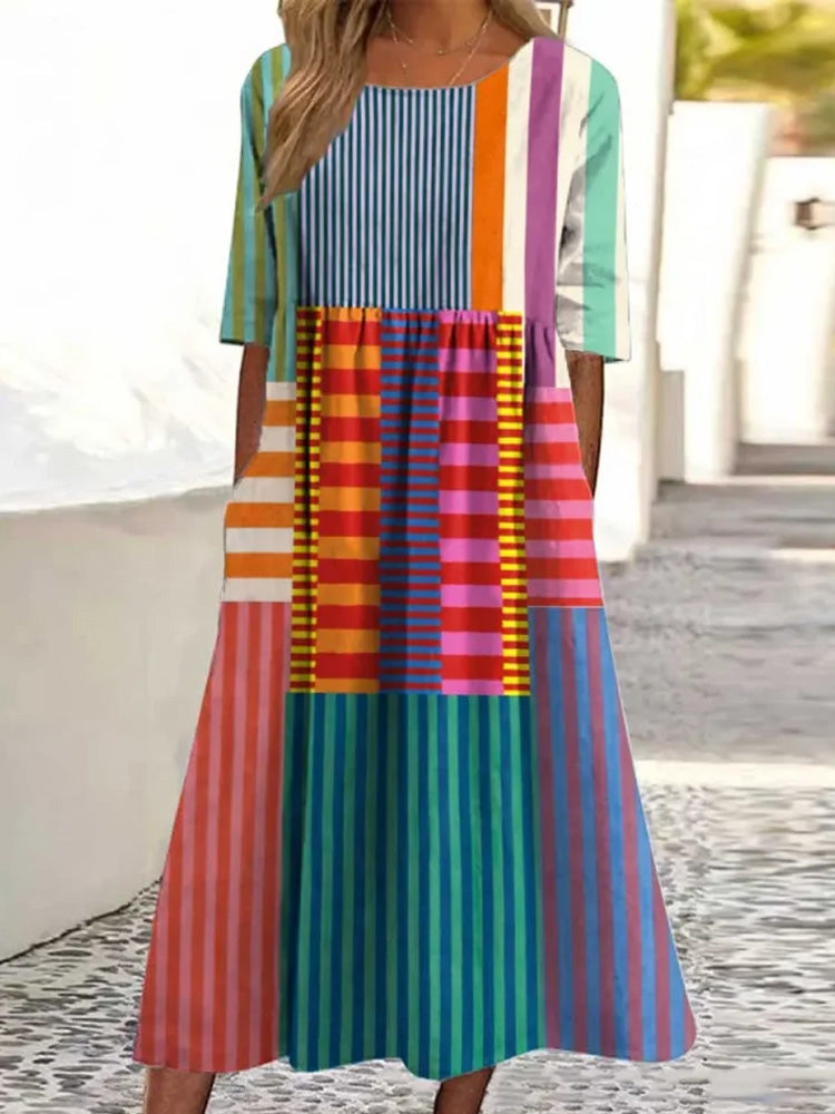 Women's Vintage Geometric Pattern Art Print Cotton Dress elevenforest