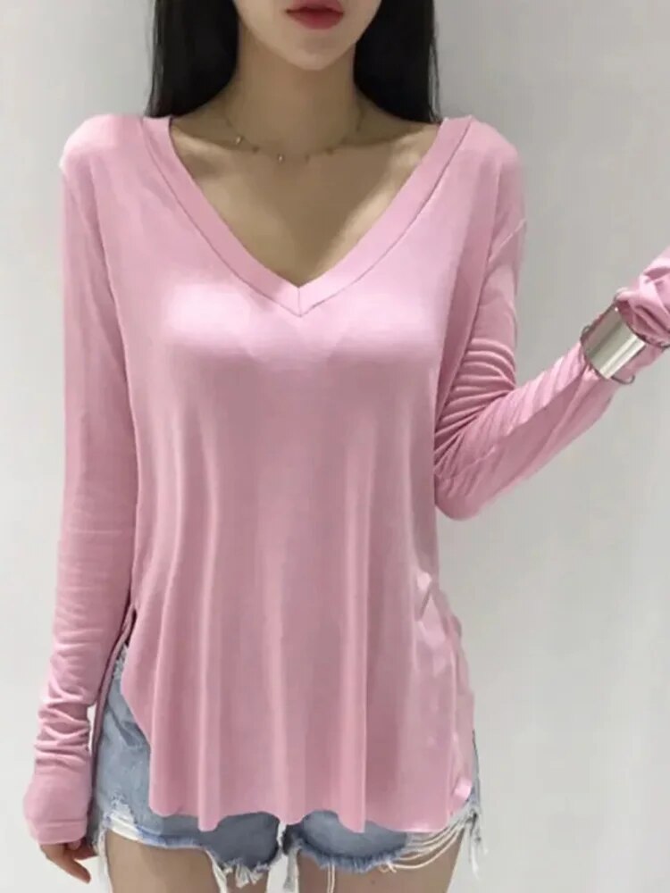 V Neck T Shirt for Spring Korean Style Woman Clothes Basic T Shirts Long Sleeve Tops Loose Tee Shirt Camisetas