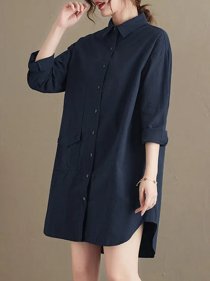 Simple Buttoned Lapel Collar Long Sleeves Blouse