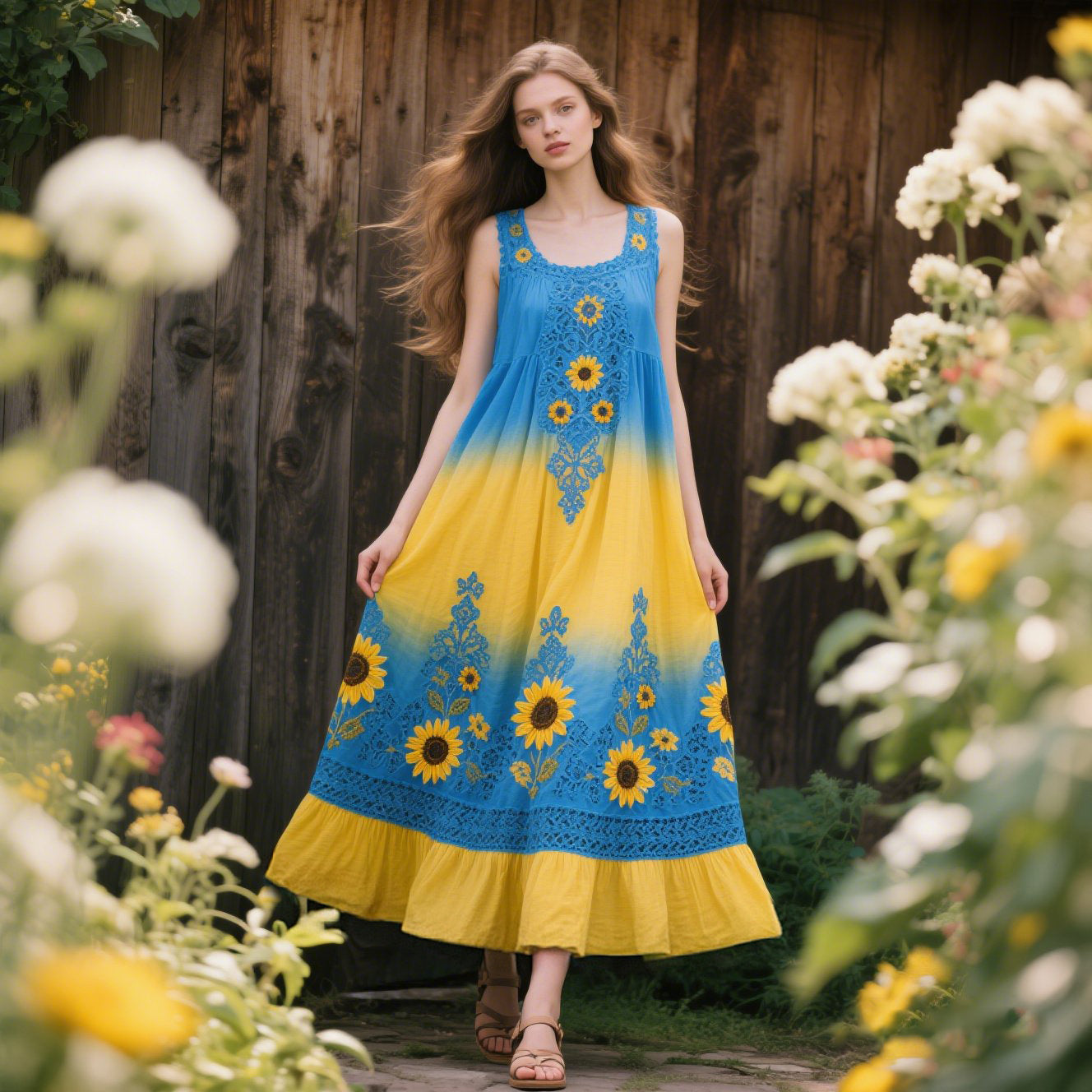 Women's Retro Sunflower Gradient Sleeveless Dress elevenforest