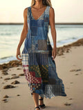 Women's Vintage Patchwork Pattern Art Print Pocket Cotton Dresses