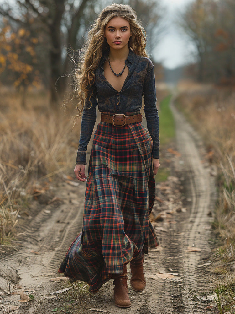Women's Retro Pastoral Cotton And Linen Plaid Print Skirt elevenforest