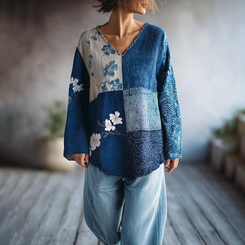 Vintage Japanese Sashiko Floral Patchwork Art Print Linen Tops elevenforest