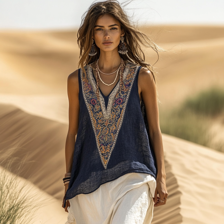 Women's Loose Bohemia Ethnic Style Linen Suspender Sleeveless Top elevenforest