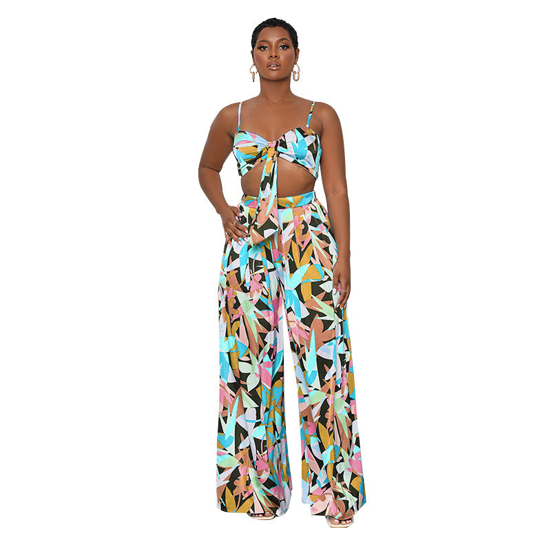 Summer Printed Strap Tube Top Cropped Clothing Wide Leg Pants Suit