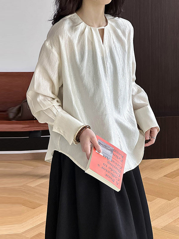 Long Sleeves Loose Hollow Shiny Color Round-neck Blouses&shirts Tops