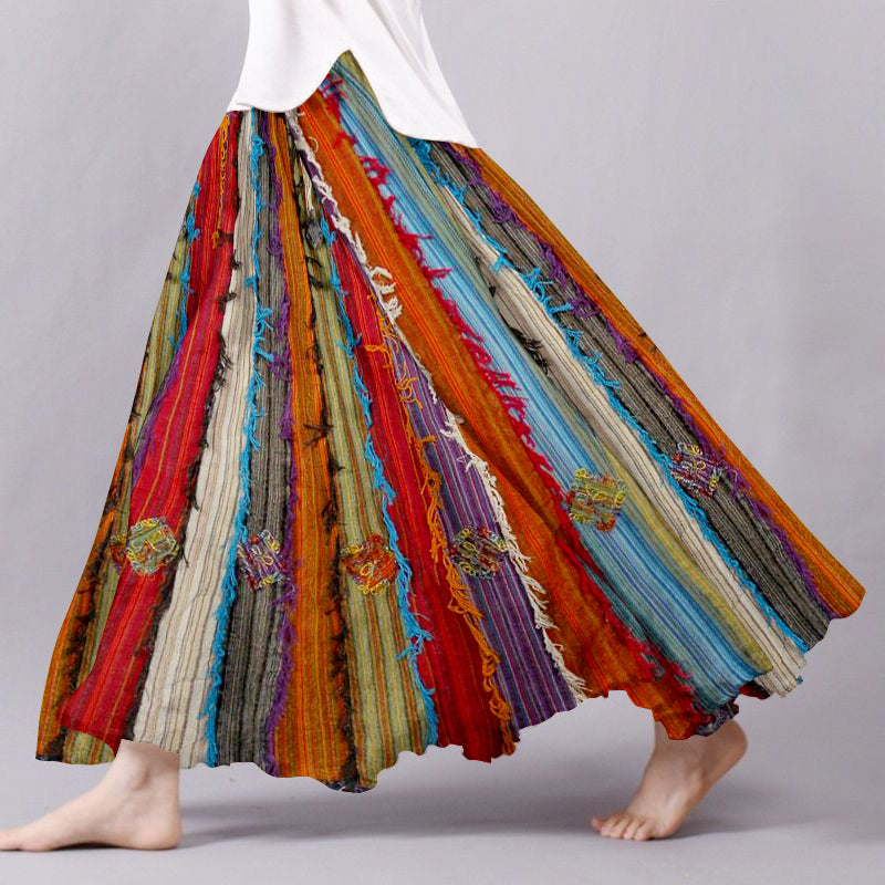 Boho Vintage Patchwork Flowy Linen Blend Wide Skirt elevenforest