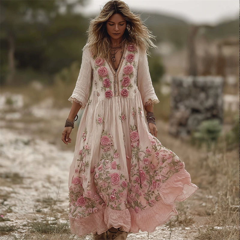 Vintage Boho Pink Floral Fiber Art Flowy Linen Maxi Dress elevenforest
