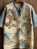 Vintage Dragon & Landscape Painting Art Linen Tunic elevenforest