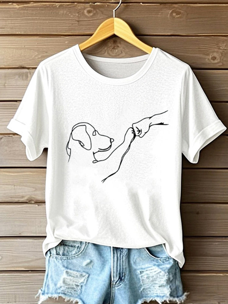 Comstylish Fist Bump Line Art Puppy Crew Neck T-shirt