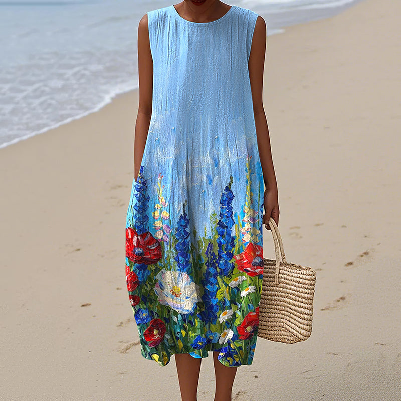 Women's Independence Day Vintage Oil Painting Flowers Print Midi Dress elevenforest