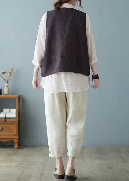 Coffee V Neck Pockets Button Cotton Vest Tops Sleeveless