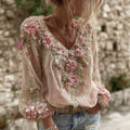 Women's Pink Floral Embroidery Art V-neck Long Sleeve Linen Blend T-shirt elevenforest