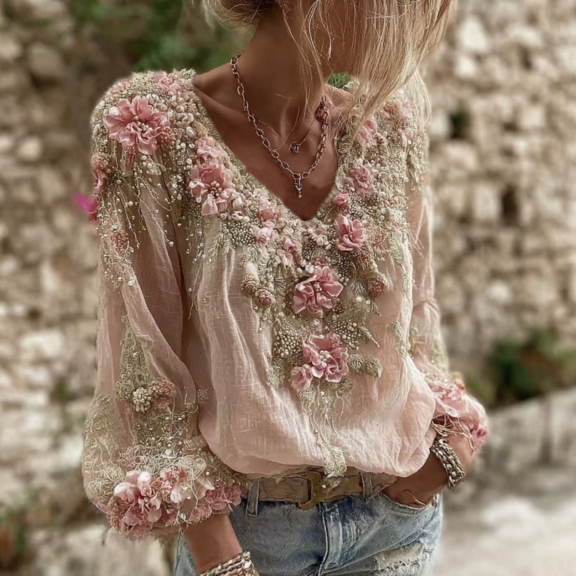 Women's Pink Floral Embroidery Art V-neck Long Sleeve Linen Blend T-shirt elevenforest
