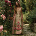 Women Vintage Floral Patch Art V Neck Linen Maxi Dress elevenforest