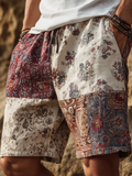 Western Bohemian Style Plant And Flower Pattern Retro Cotton And Linen Loose Wide-leg Shorts elevenforest