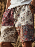 Western Bohemian Style Plant And Flower Pattern Retro Cotton And Linen Loose Wide-leg Shorts elevenforest