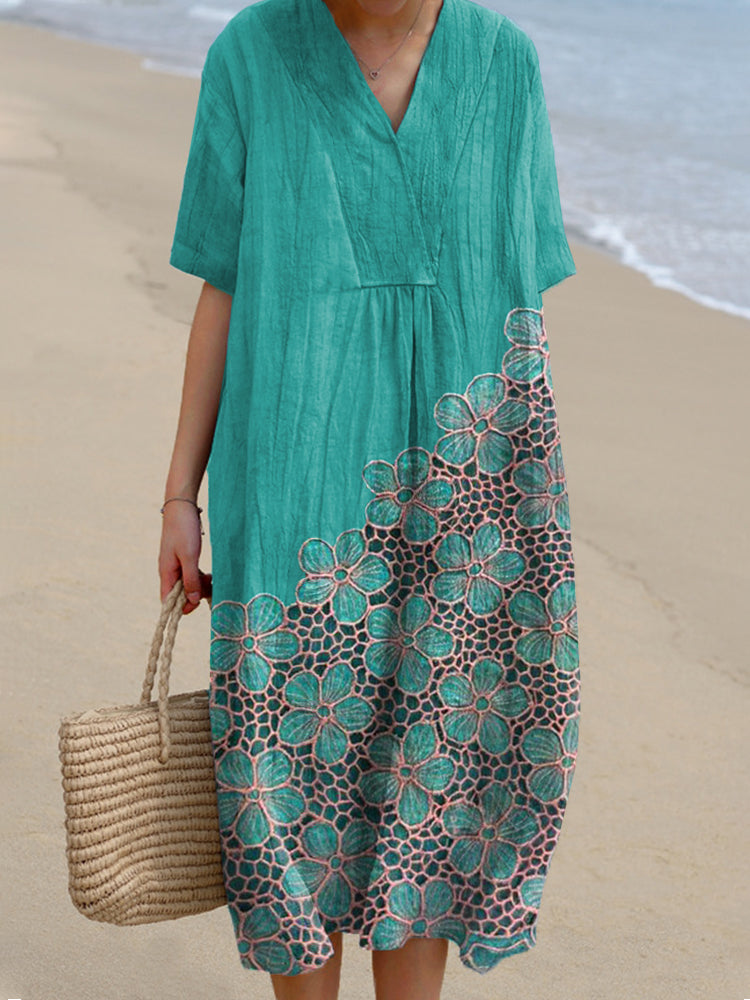 Lace Floral Pattern Linen Blend Dress elevenforest