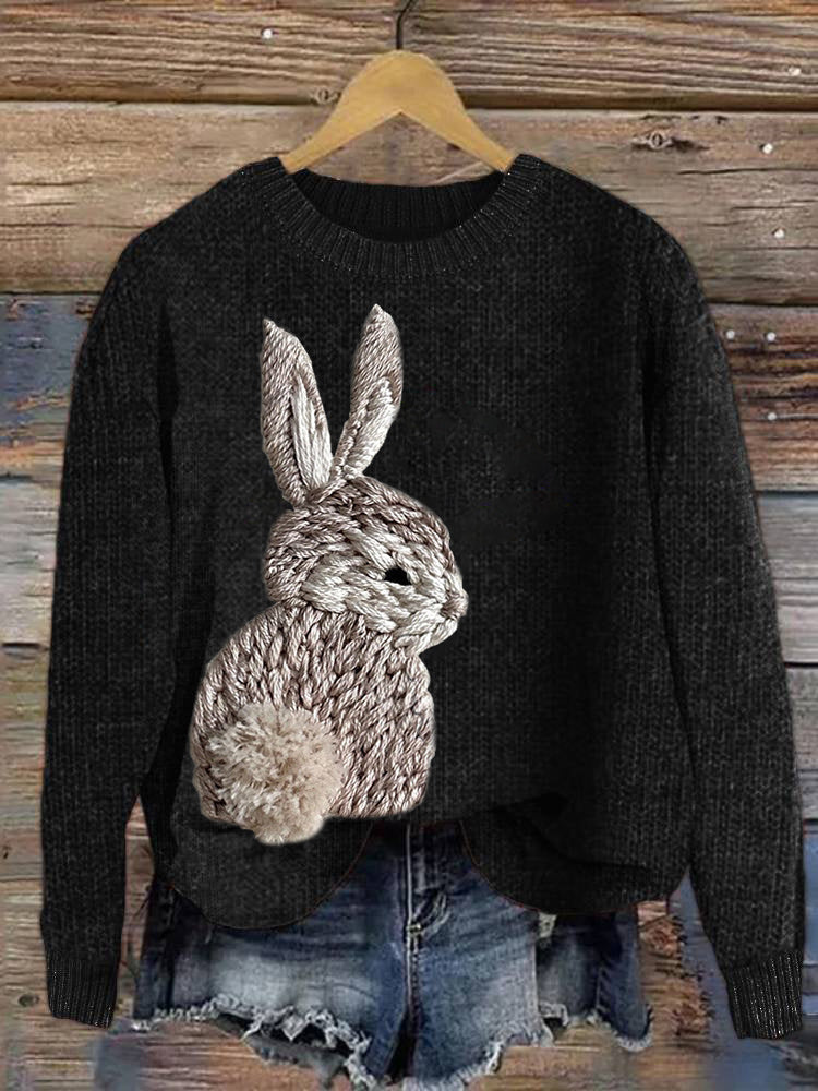 Embroidery Cute Rabbit Casual Cozy Knit Sweater artswardrobe