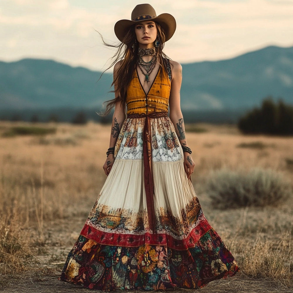 Western Vintage Floral Pattern Women's Lace-up Maxi Dress elevenforest