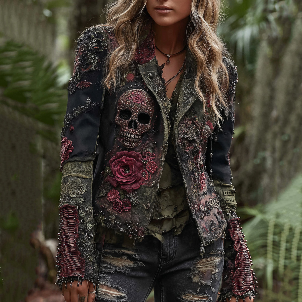 Rose And Skull Gothic Rock Contrast Lapel Denim Jacket elevenforest