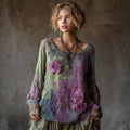 Vintage Lavender Floral Fiber Art Patchwork Flowy Linen Shirt elevenforest
