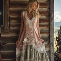 Bohemian Retro Lace Patchwork Plant Flower Pattern Cotton And Linen Sleeveless Dress elevenforest
