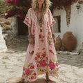 Women's Pink Rose Embroidery V-neck Short Sleeve Linen Blend Midi Dress elevenforest