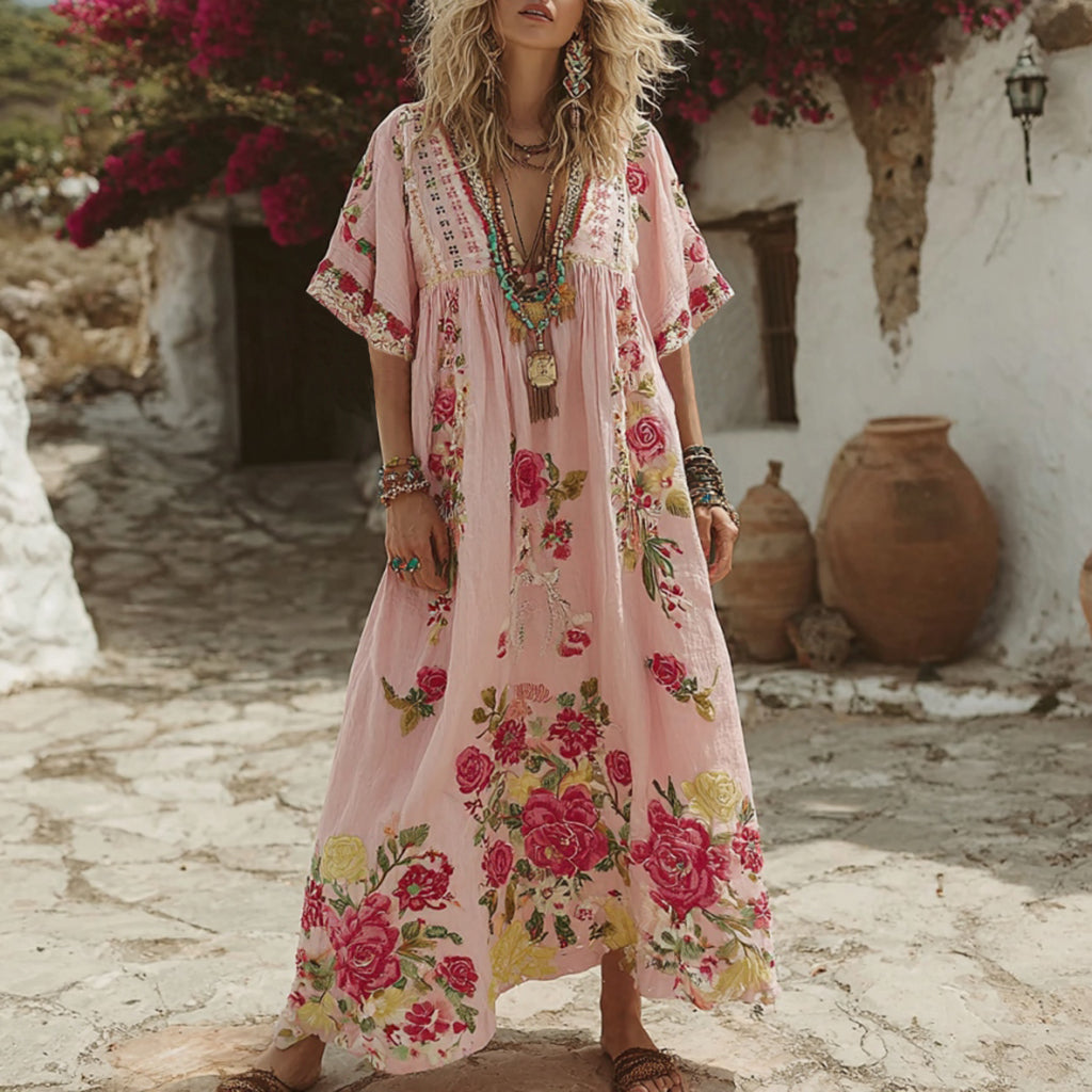 Women's Pink Rose Embroidery V-neck Short Sleeve Linen Blend Midi Dress elevenforest