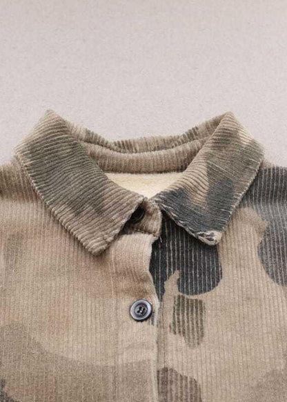 Grey Peter Pan Collar Print Corduroy Winter Coat