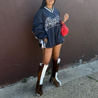 Street Letter Graphic Print Contrast Color Loose Large Hoody Mid Length Drawstring V Neck Top