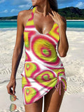 Women's Abstract Geometric Pattern Shirred Swimsuit Set
