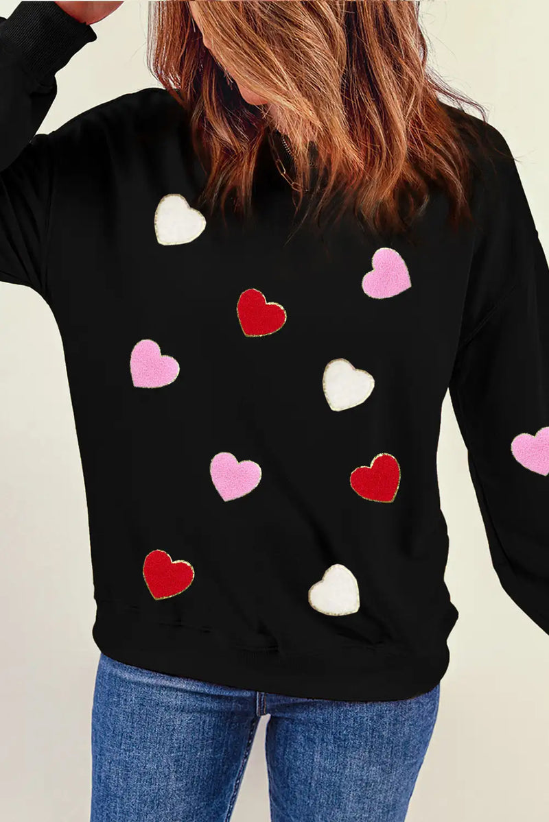 Chenille Embroidered Heart Sweatshirt Black
