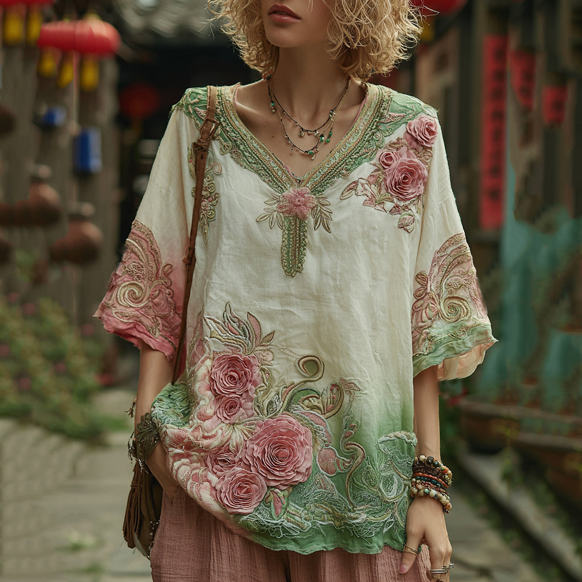 Love & Health Collection Vintage Rose And Floral  Art V Neck Linen T-shirt elevenforest