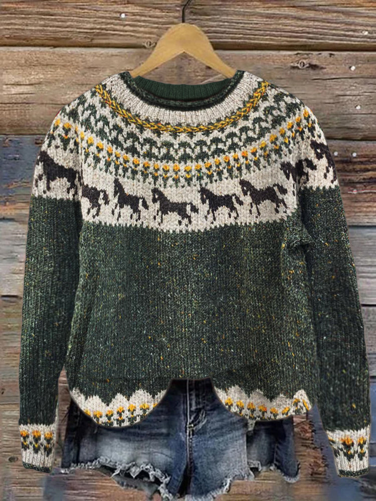 Vintage Horse Pattern Icelandic Style Women's Sweater elevenforest