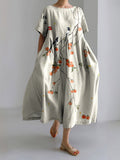 Japanese Art Persimmon Linen Blend Short Sleeve Maxi Dress