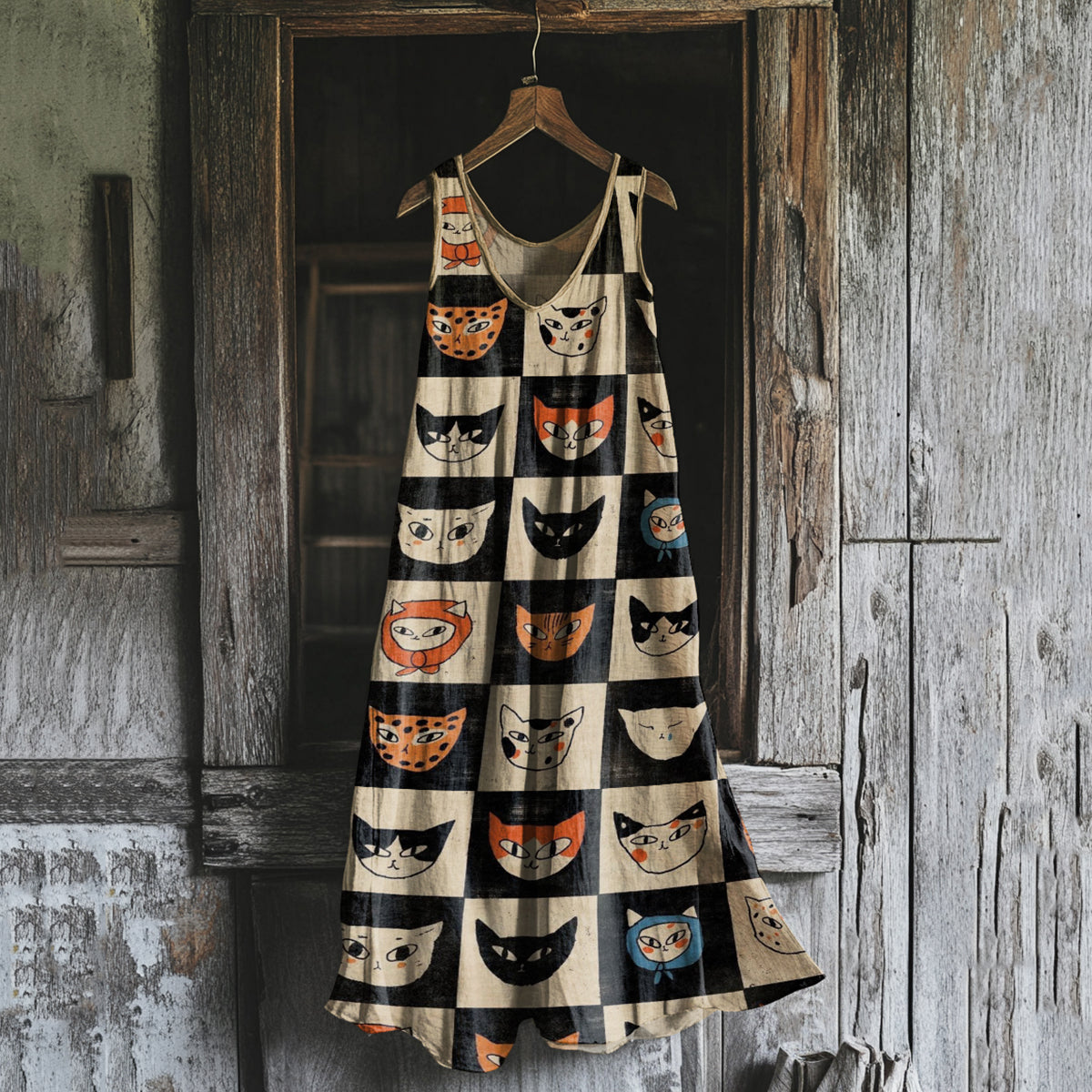 Women's Retro Funny Cat Art Print Sleeveless Dress elevenforest