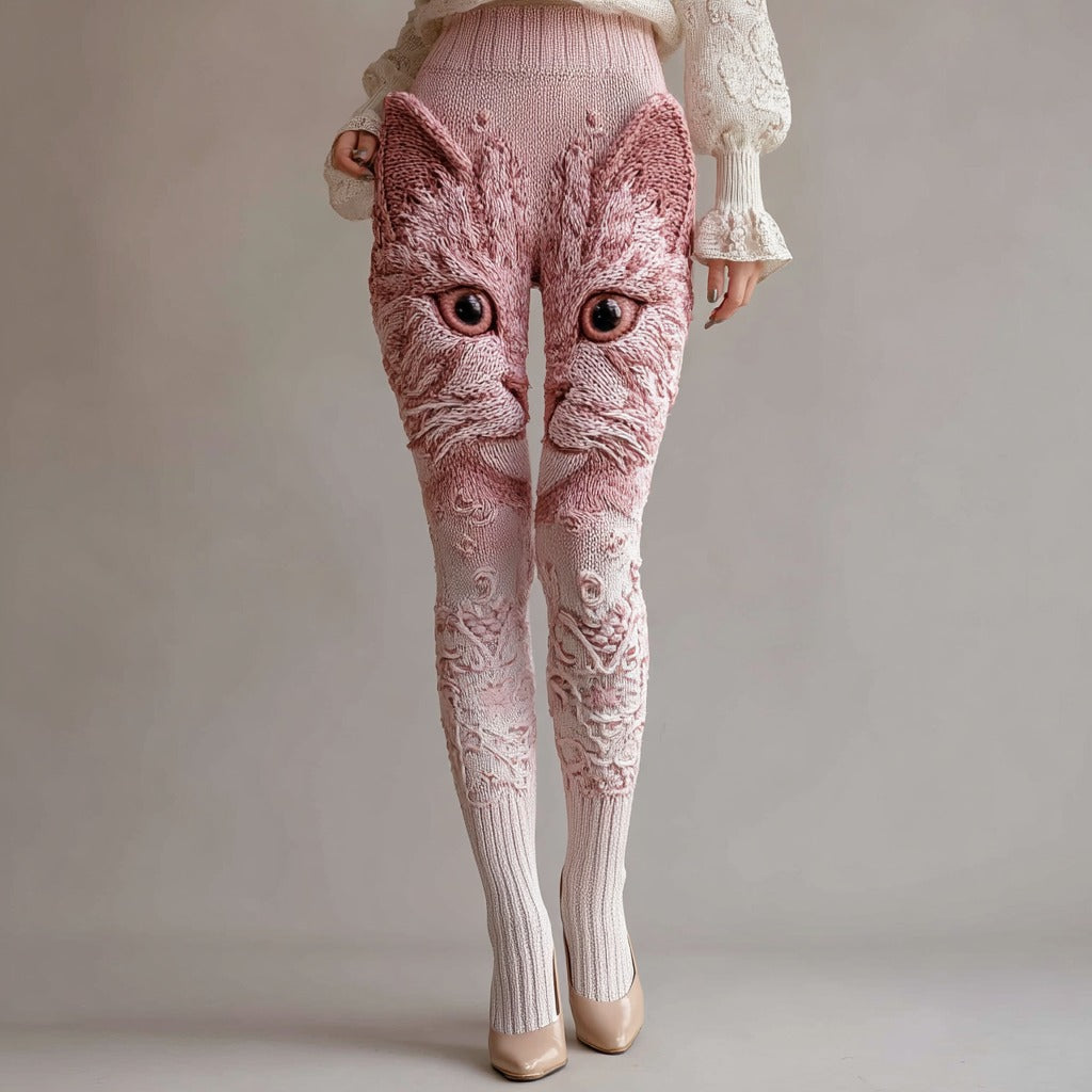 Cute Cat Face Embroidered Cozy Knit Leggings