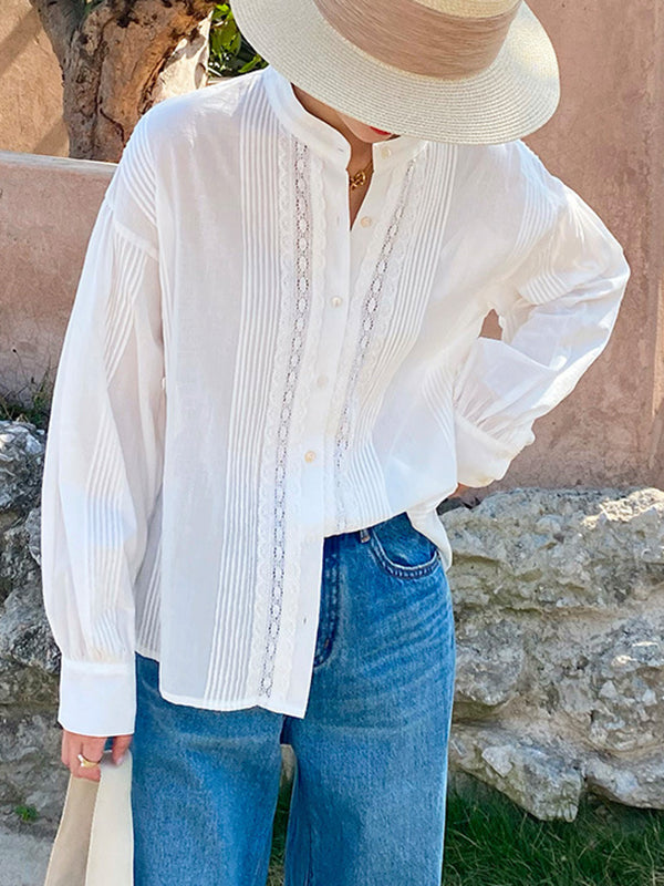 Long Sleeves Loose Buttoned Pleated Color Split-joint Stand Collar Blouses&shirts Tops