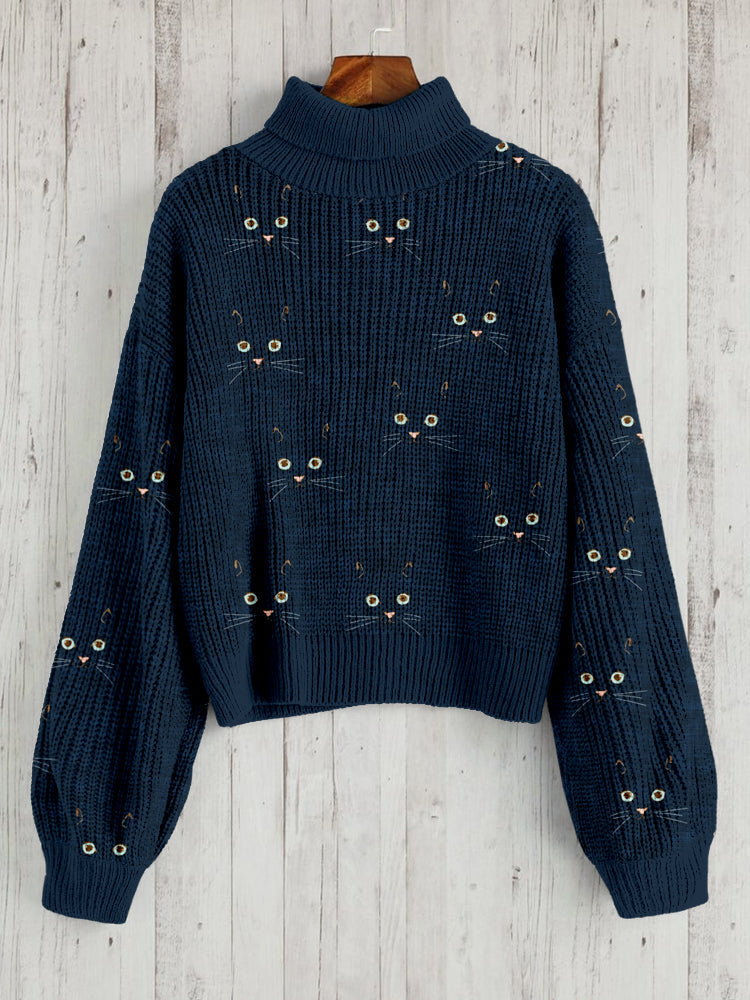 Cute Cat Face Pattern Warm Turtleneck Sweater elevenforest