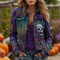 Women's Vintage Skull Rose Embroidered Gradient Denim Jacket elevenforest