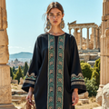 Vintage Greek Key Crew Neck Cotton Blend Mixi Dress elevenforest