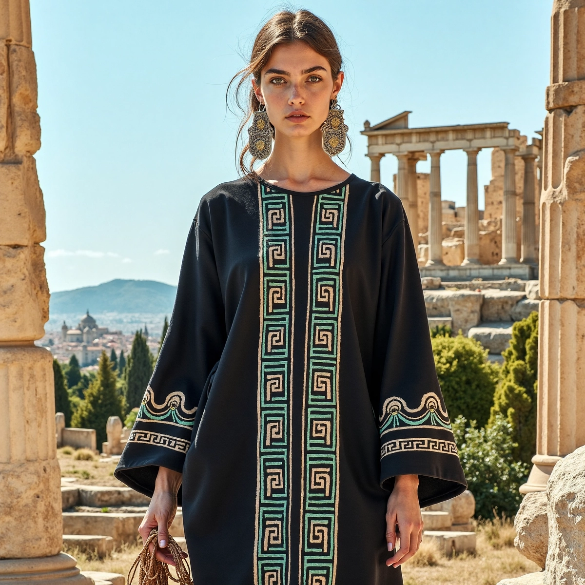 Vintage Greek Key Crew Neck Cotton Blend Mixi Dress elevenforest