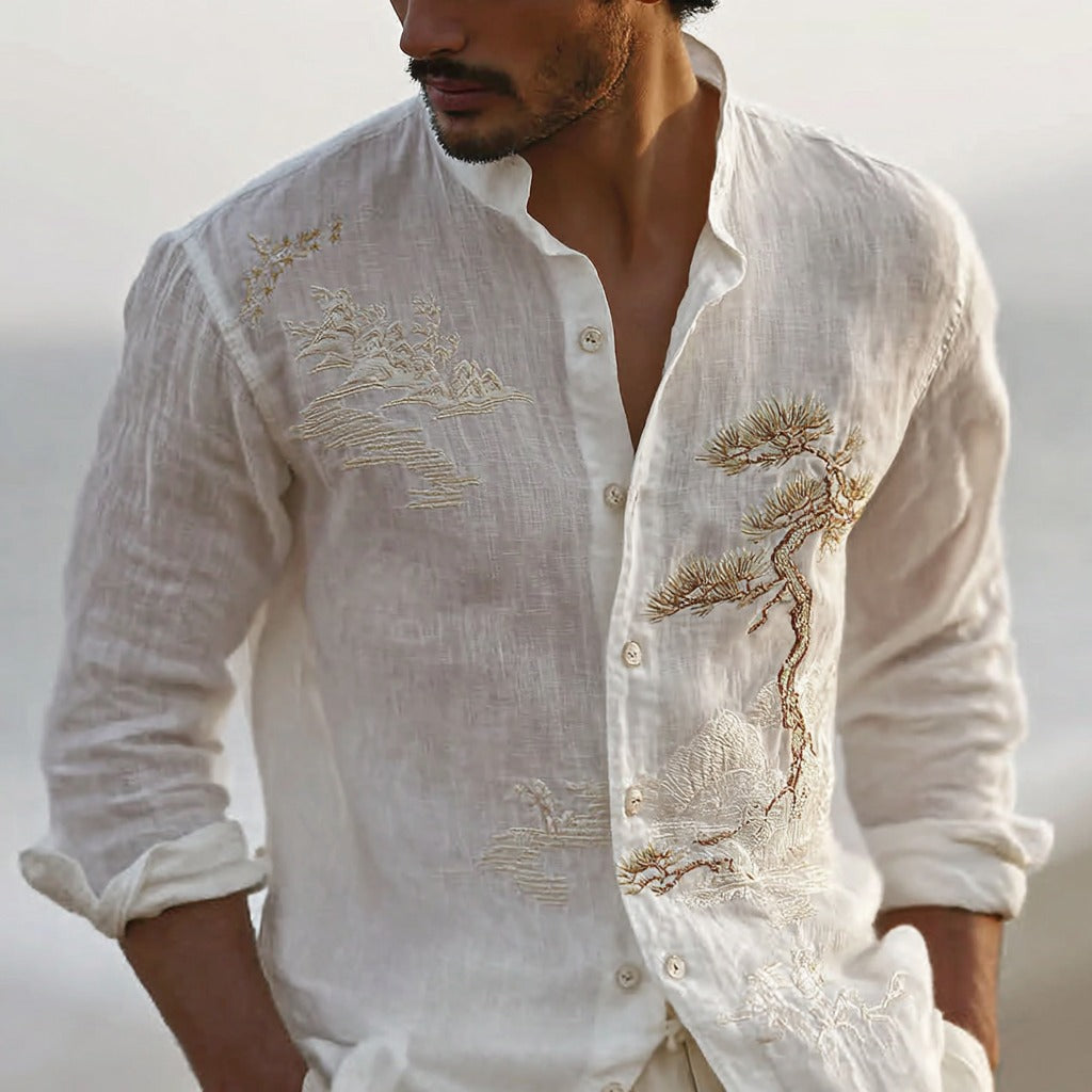 Men's Japanese-style Pine Tree And Cherry Blossom Pattern Linen Blend Shirt elevenforest